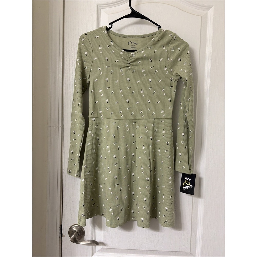 Girls Art Class Ribbed Long Sleeve Dress Sz L 10/12 Green Floral Pullover Comfy